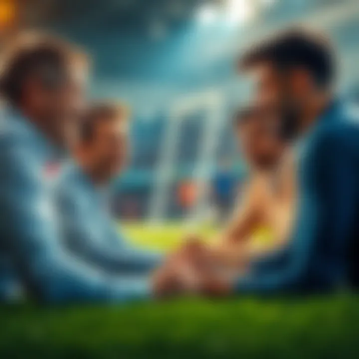 Soccer Betting Discussion People engaged in a lively discussion about soccer betting strategies and picks for September 19, with a background of soccer elements like a ball and pitch.