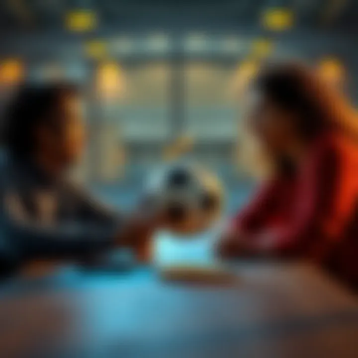 Soccer Discussion Two friends discussing soccer with a soccer ball on a table between them
