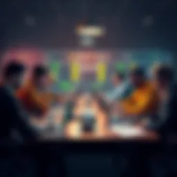 A group of people discussing soccer betting strategies at a table with laptops and notebooks.