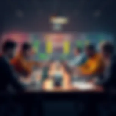 A group of people discussing soccer betting strategies at a table with laptops and notebooks.