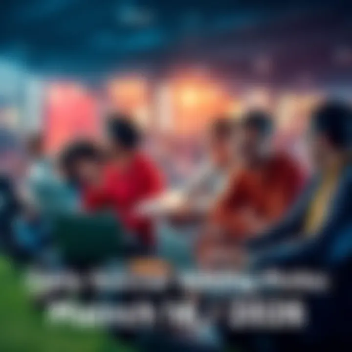 Group of people engaged in soccer betting discussions with laptops and notes