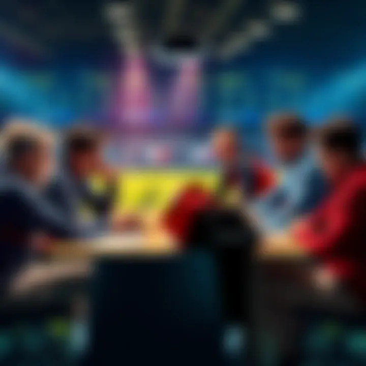 A group of soccer fans discussing betting picks for today's matches around a table with laptops and papers.