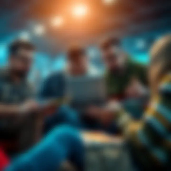 Group of fans discussing soccer betting strategies with a laptop and sports magazines