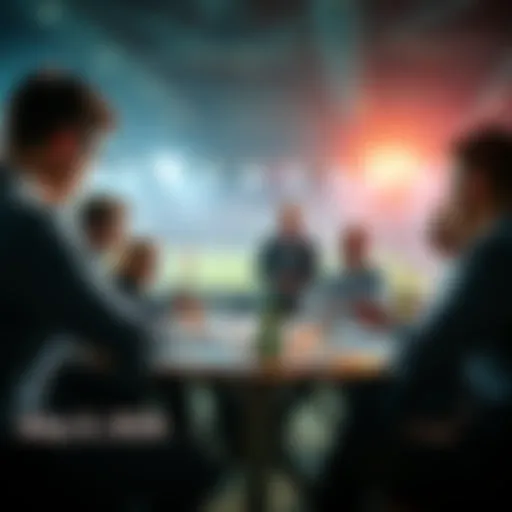 A group of people discussing soccer betting picks with charts and predictions on a table