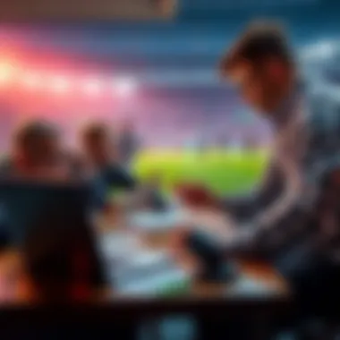 Soccer Betting Discussion People discussing soccer betting picks with a laptop and betting slips on a table