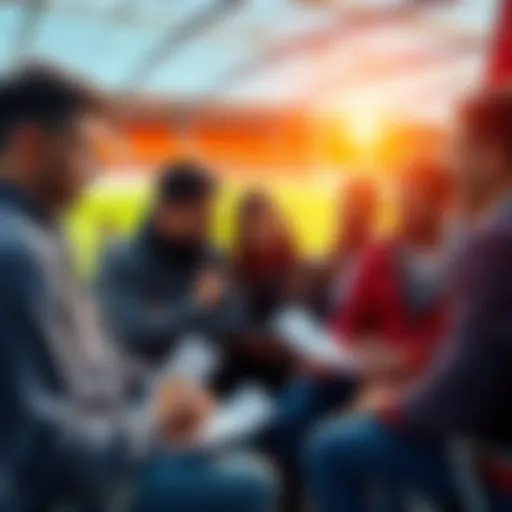 People engaging in a lively soccer betting discussion with charts and betting slips