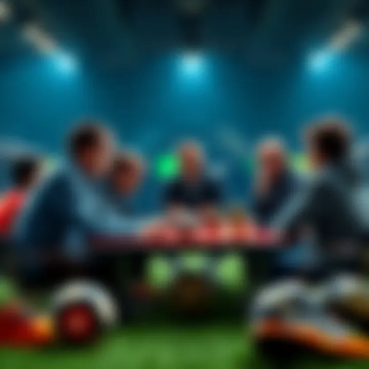 Soccer Betting Discussion People discussing soccer betting picks and strategies at a table with soccer gear around them