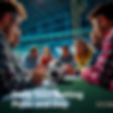 A group of people engaged in a lively discussion about soccer betting picks for the day, with a soccer ball and betting slips on the table.
