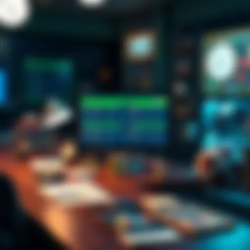 A bookmaker's desk with soccer betting odds and expert picks displayed on a digital screen, along with soccer memorabilia.