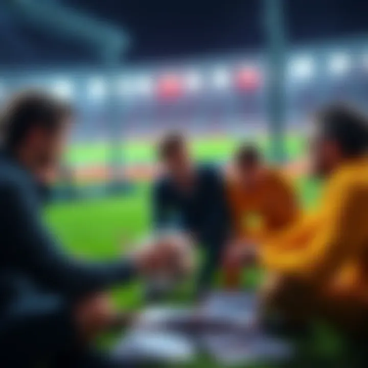 A group discussing soccer betting strategies with charts and betting slips