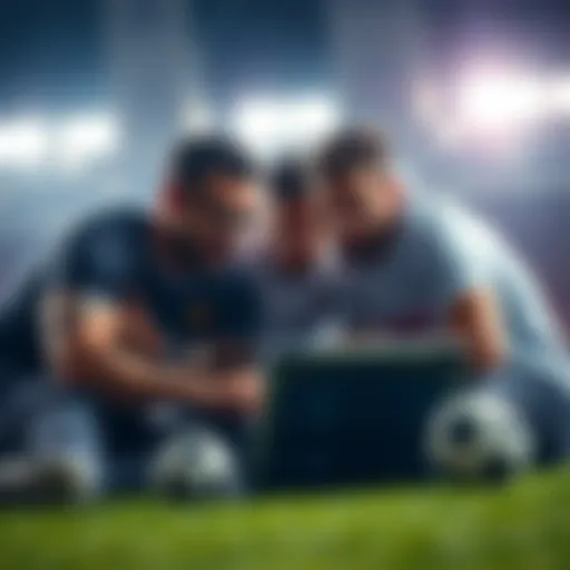 A group of people discussing soccer betting strategies over a laptop, with statistics displayed on the screen.