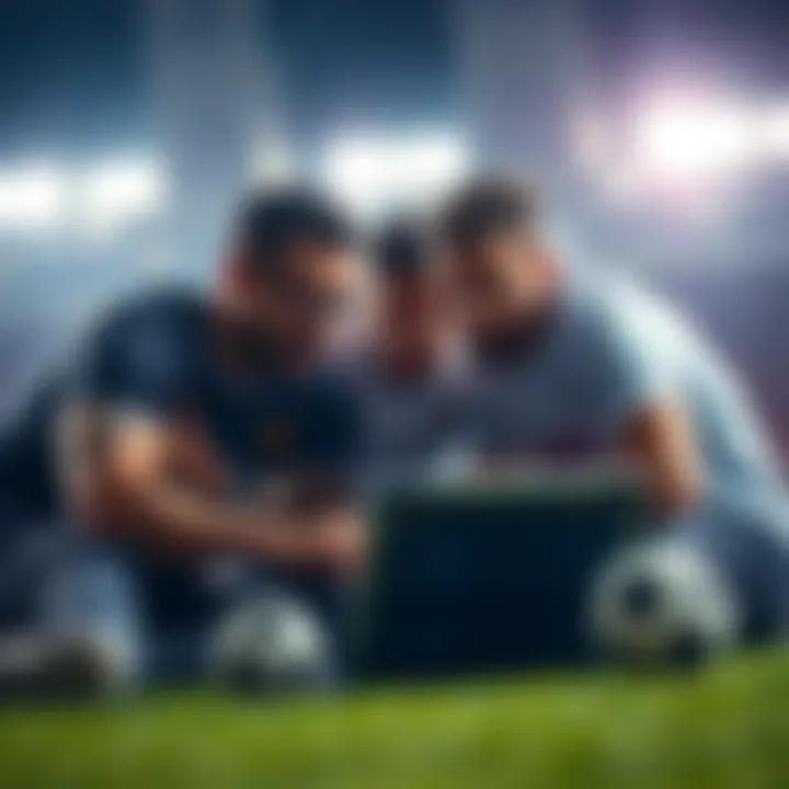 A group of people discussing soccer betting strategies over a laptop, with statistics displayed on the screen.