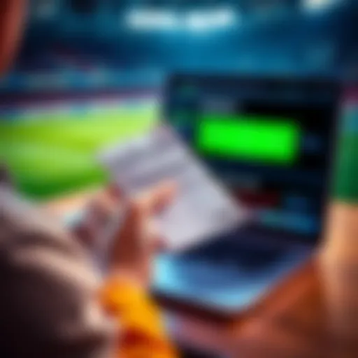 Soccer Betting Insights A person holds a betting slip for a soccer match while analyzing statistics on a laptop