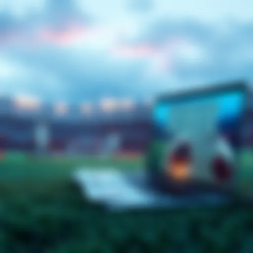 A soccer field with betting slips and a laptop showing betting odds
