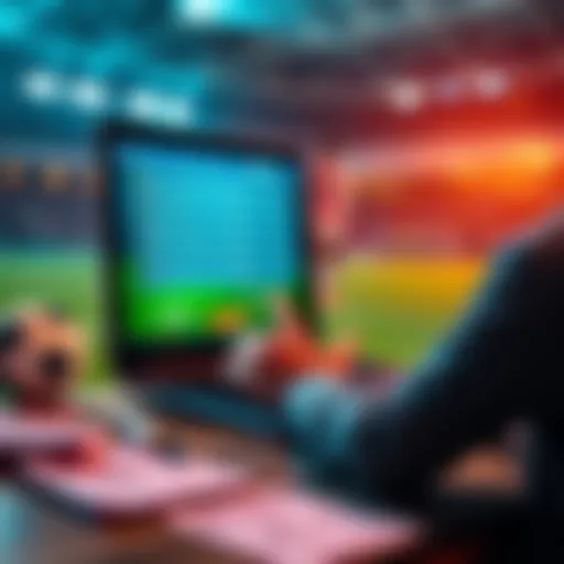 A person analyzing soccer betting odds on a laptop with a soccer ball and betting slips in the background