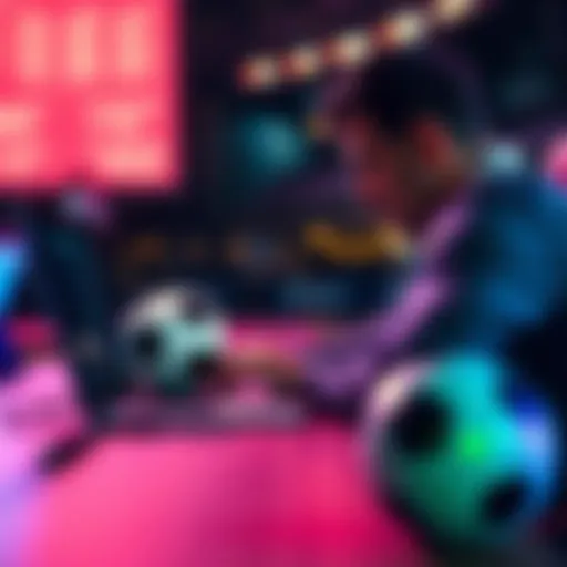A person looking at soccer match odds on a laptop with a soccer ball nearby
