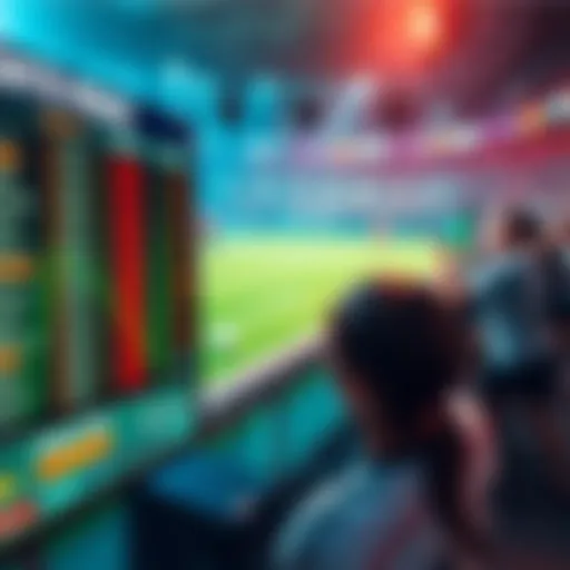A sports betting scene featuring soccer match highlights and odds on a display board