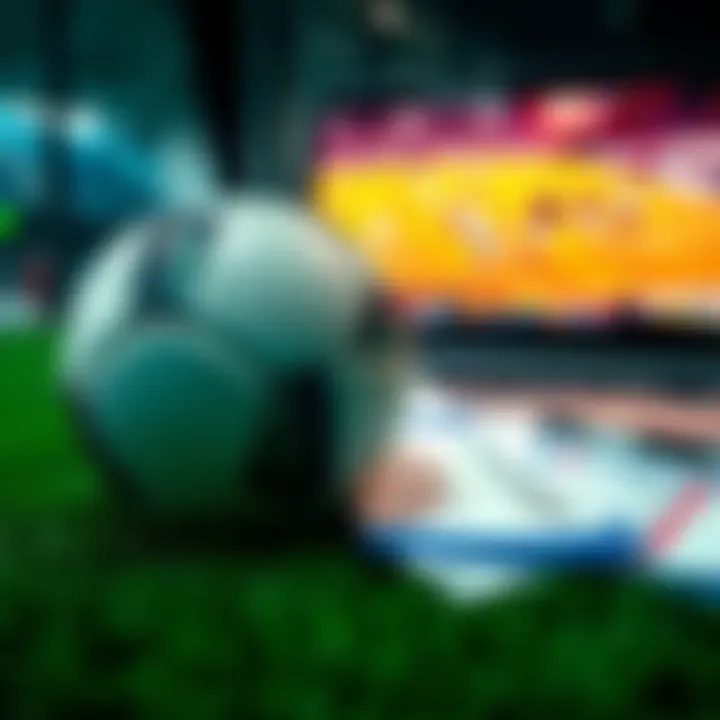 Soccer Betting Picks A close-up of a soccer ball and betting slips on a table with a laptop showing a soccer game