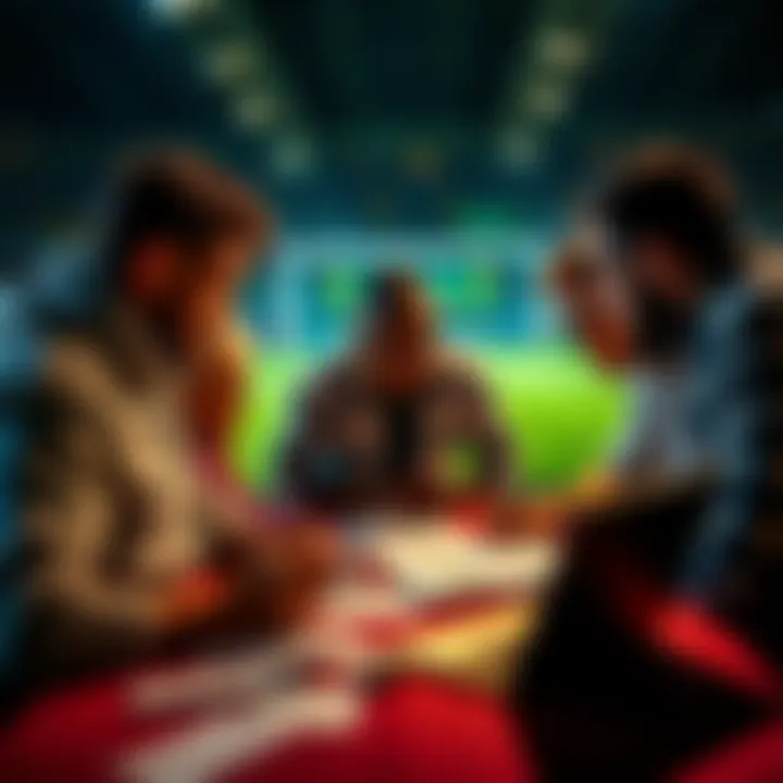 Group of soccer fans discussing betting strategies with a laptop and papers on the table