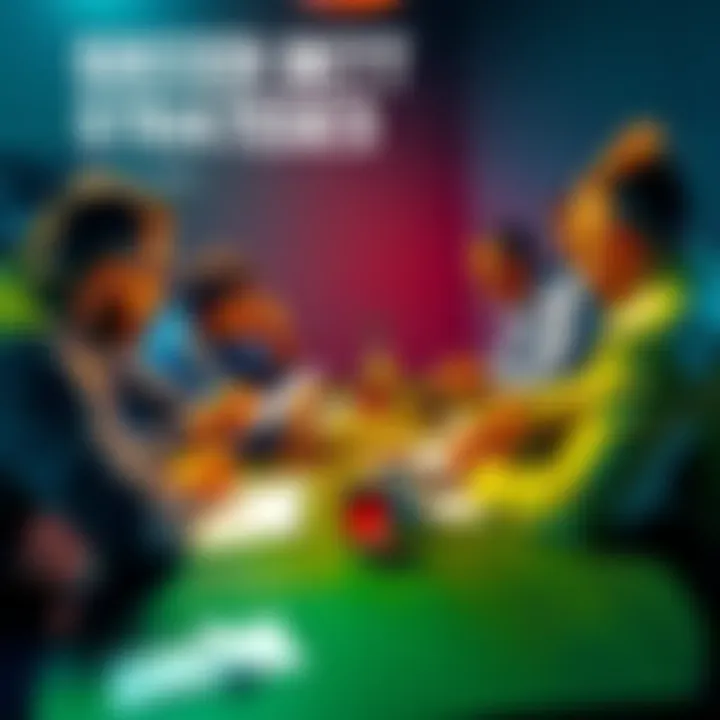 A group of soccer fans discussing betting strategies around a table with papers and drinks.