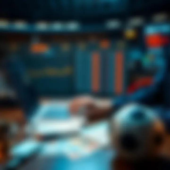 Soccer Betting Strategy A person analyzing soccer stats on a laptop with betting slips and a soccer ball on the table