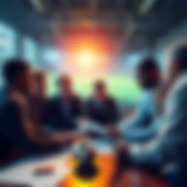 A group of people discussing soccer betting strategies with charts and notes in front of them