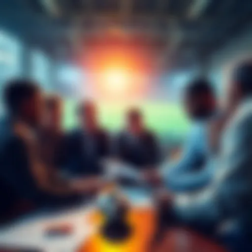 A group of people discussing soccer betting strategies with charts and notes in front of them