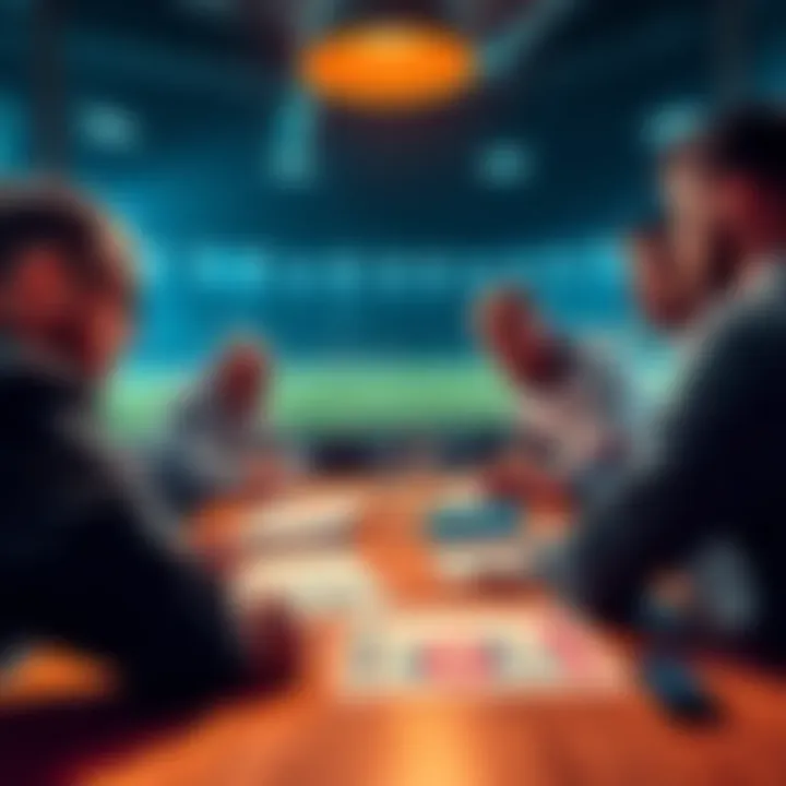 A group of people discussing soccer betting strategies with charts and betting slips on a table