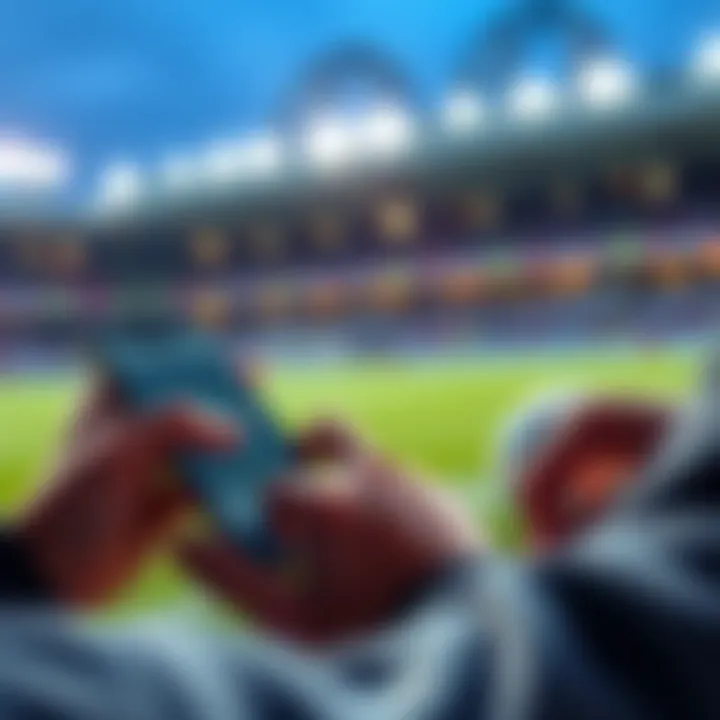 A person analyzing soccer match statistics and placing a bet on a mobile device with soccer ball in view