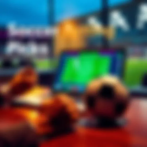 A person analyzing soccer betting odds on a laptop with a soccer ball on the table.