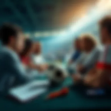 A group of soccer fans discussing betting picks for the World Cup, with a soccer ball and betting slips on the table.