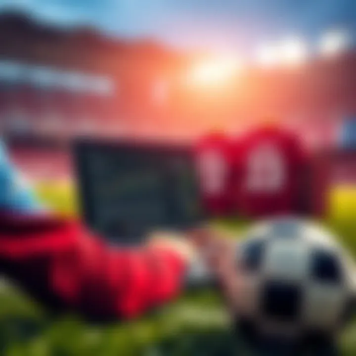 A person analyzing soccer statistics on a laptop with soccer jerseys and a ball nearby