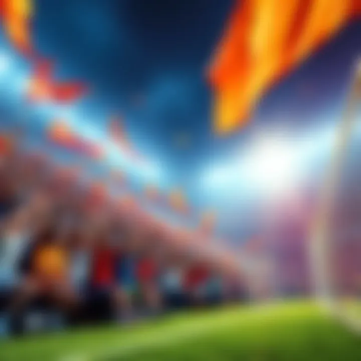 A vibrant scene of soccer fans cheering at a morning game kickoff with bright flags and banners.