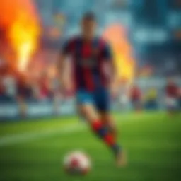A famous soccer player dribbling the ball on the field, with fans in the background showing excitement about transfer rumors