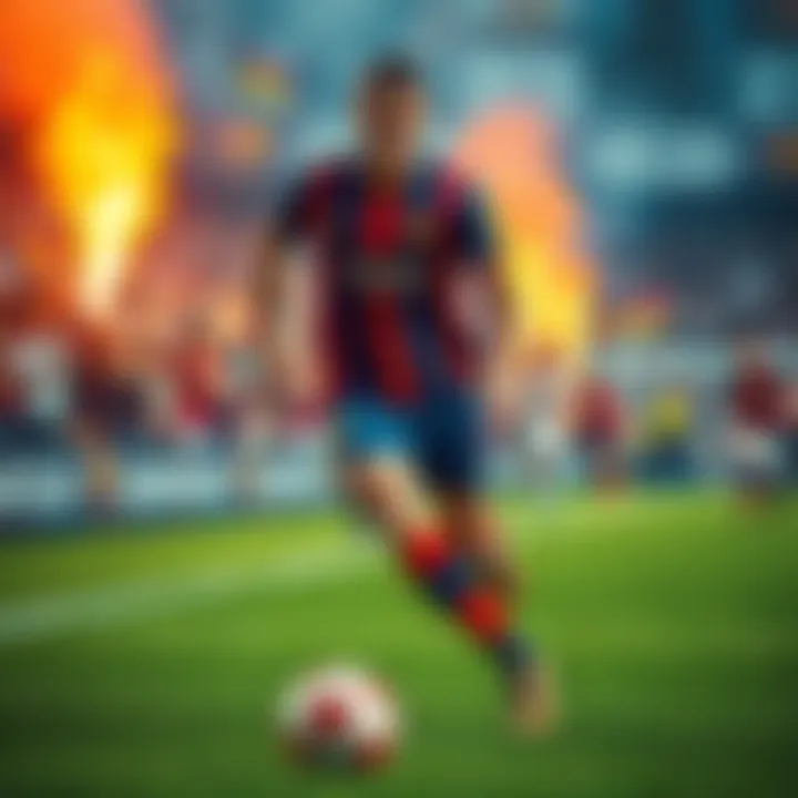 A famous soccer player dribbling the ball on the field, with fans in the background showing excitement about transfer rumors