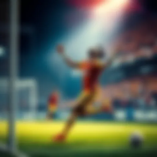 Soccer player celebrating after scoring a goal, with fans cheering in the background.