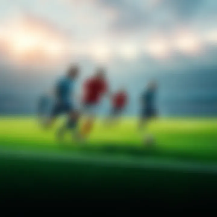 A group of soccer players strategizing on the field during a match