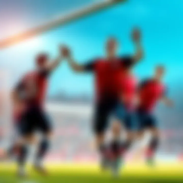 A group of soccer players celebrating after scoring a goal during a match.