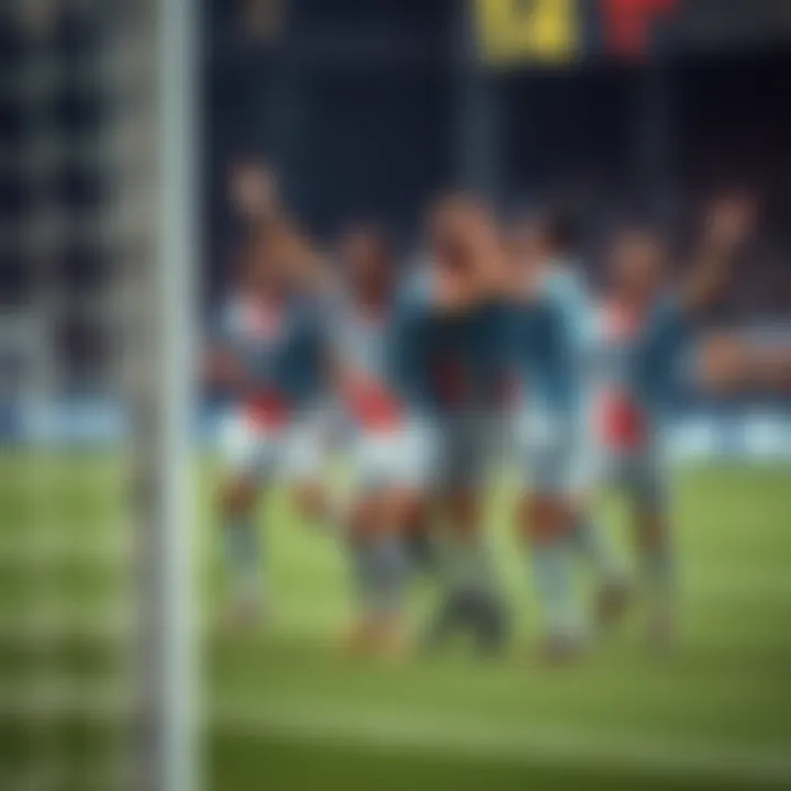 A group of soccer players celebrate after scoring a goal on the field, showing excitement and team spirit.