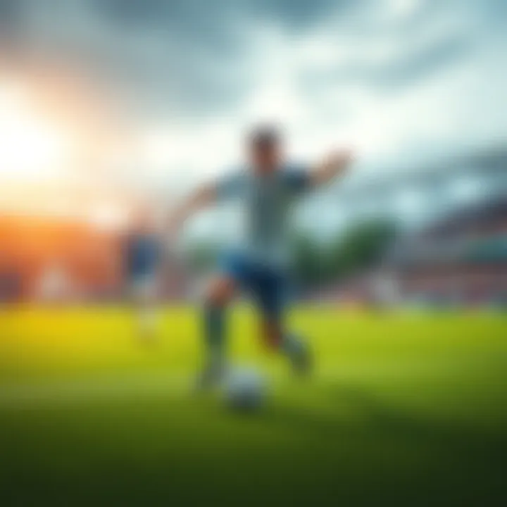 A group of soccer players competing on a field with a ball, showcasing skillful plays. Fans cheer in the background, capturing the excitement of the game.