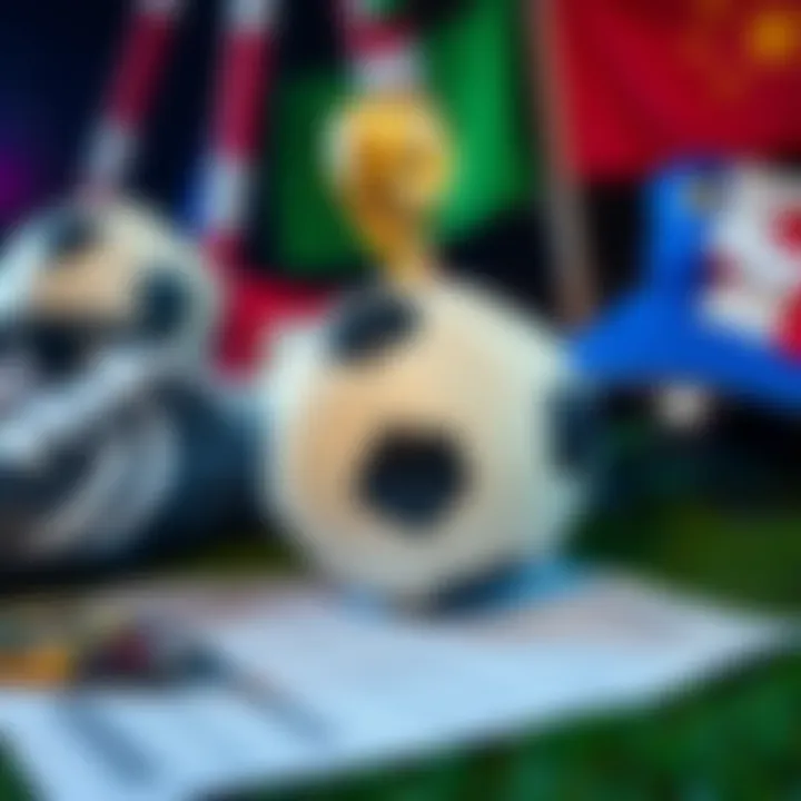 A soccer ball resting on a betting slip with odds printed, surrounded by soccer gear and team flags.