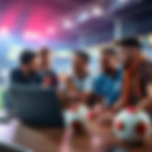 A group of fans discussing soccer betting strategies with a laptop and soccer ball on the table