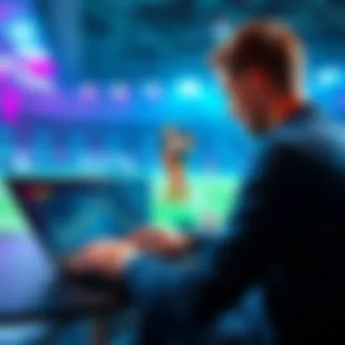 A person analyzing soccer betting picks with a laptop and football graphics on the screen
