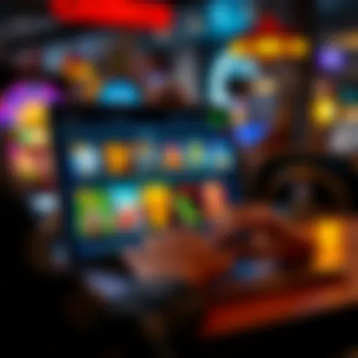 A person comparing different social casinos on a laptop with various casino game icons displayed on the screen.