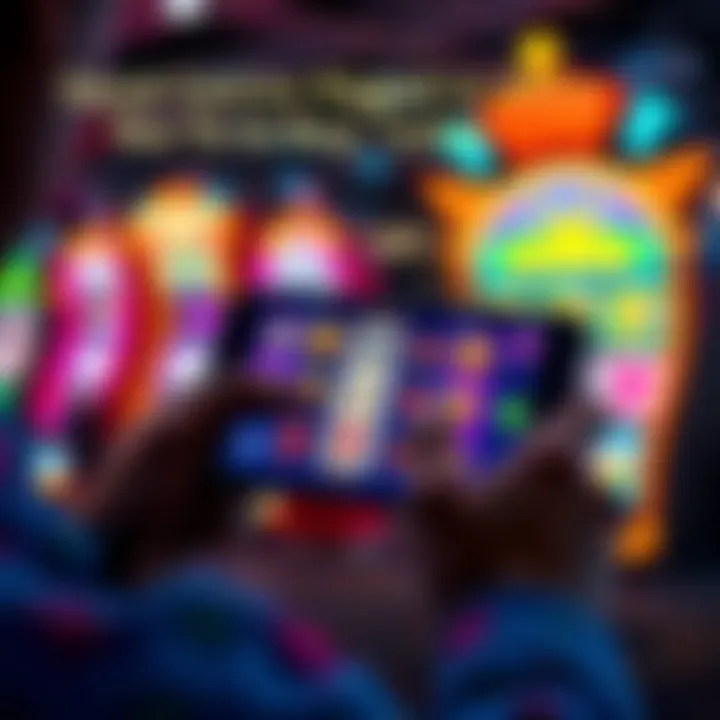 Person playing a social casino game on a smartphone with virtual coins and slots visible