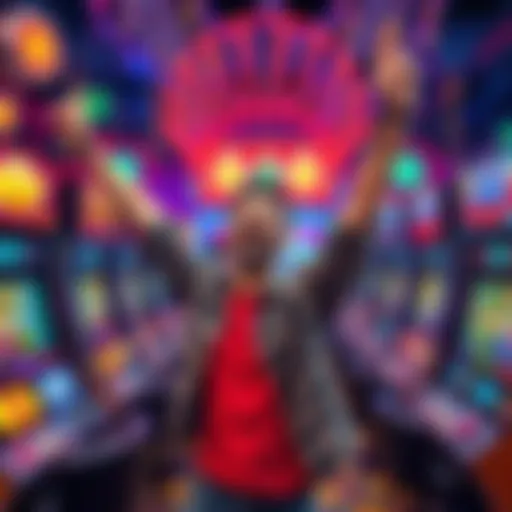 A happy player celebrating a win at a social casino, surrounded by fun slot machines and vibrant decorations.