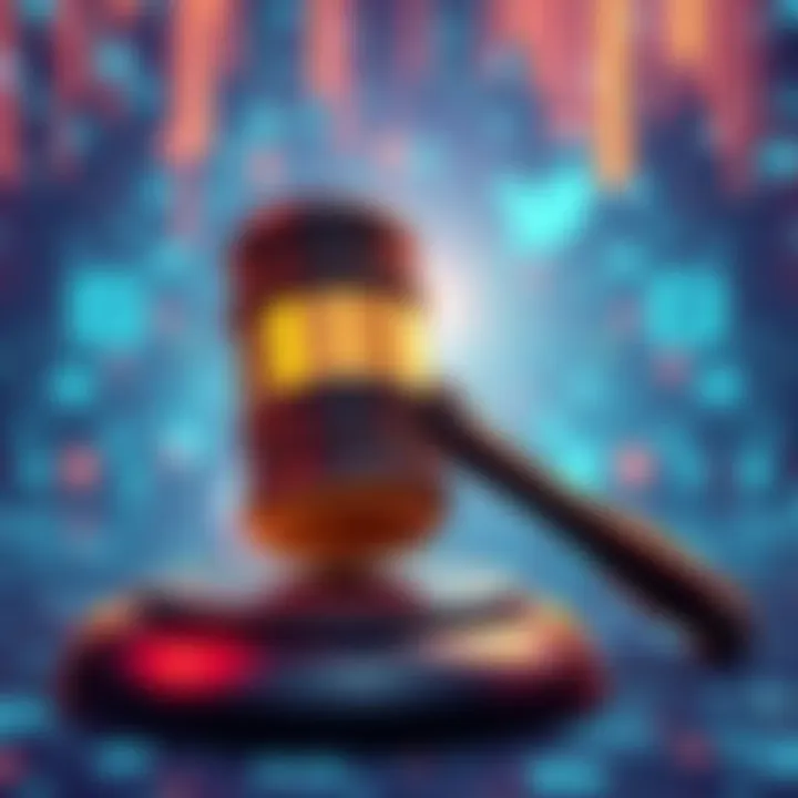 A gavel and digital data symbols representing a lawsuit over data privacy issues with a social media platform.