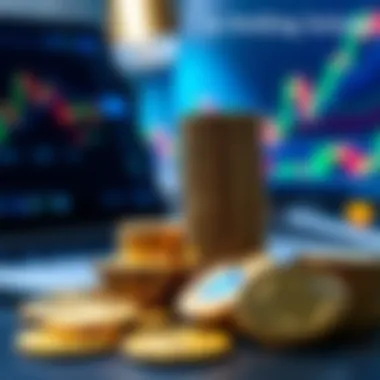 A close-up of Solana cryptocurrency coins stacked on a desk with a laptop and financial charts in the background