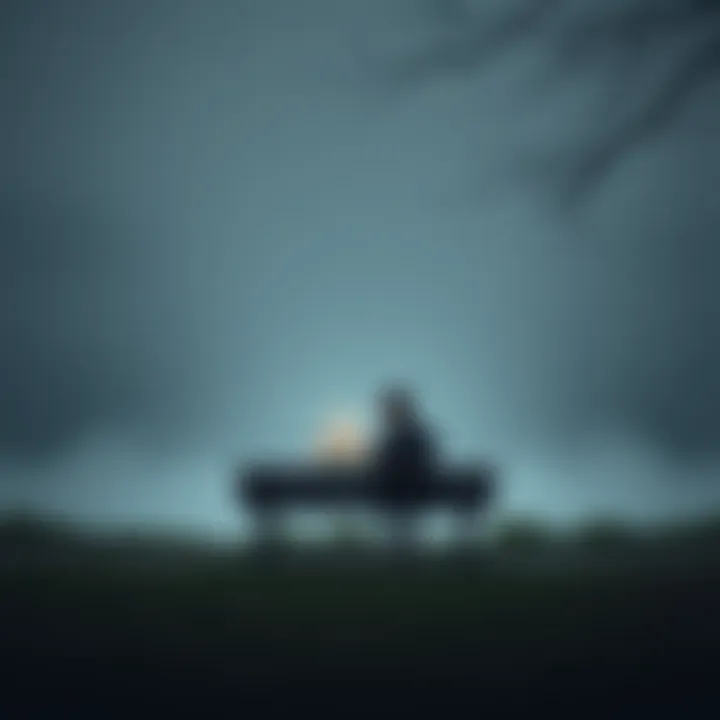 A person sitting alone on a park bench with a birthday cake beside them, looking downcast and lost in thought, surrounded by a gray atmosphere