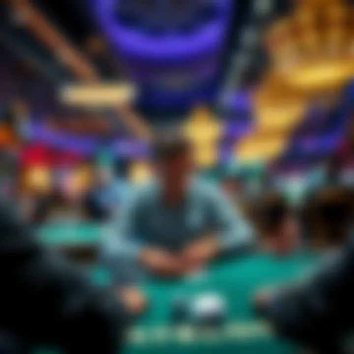 Solo poker player at a cash game table A lone poker player focused on his cards at a busy cash game table in a European casino